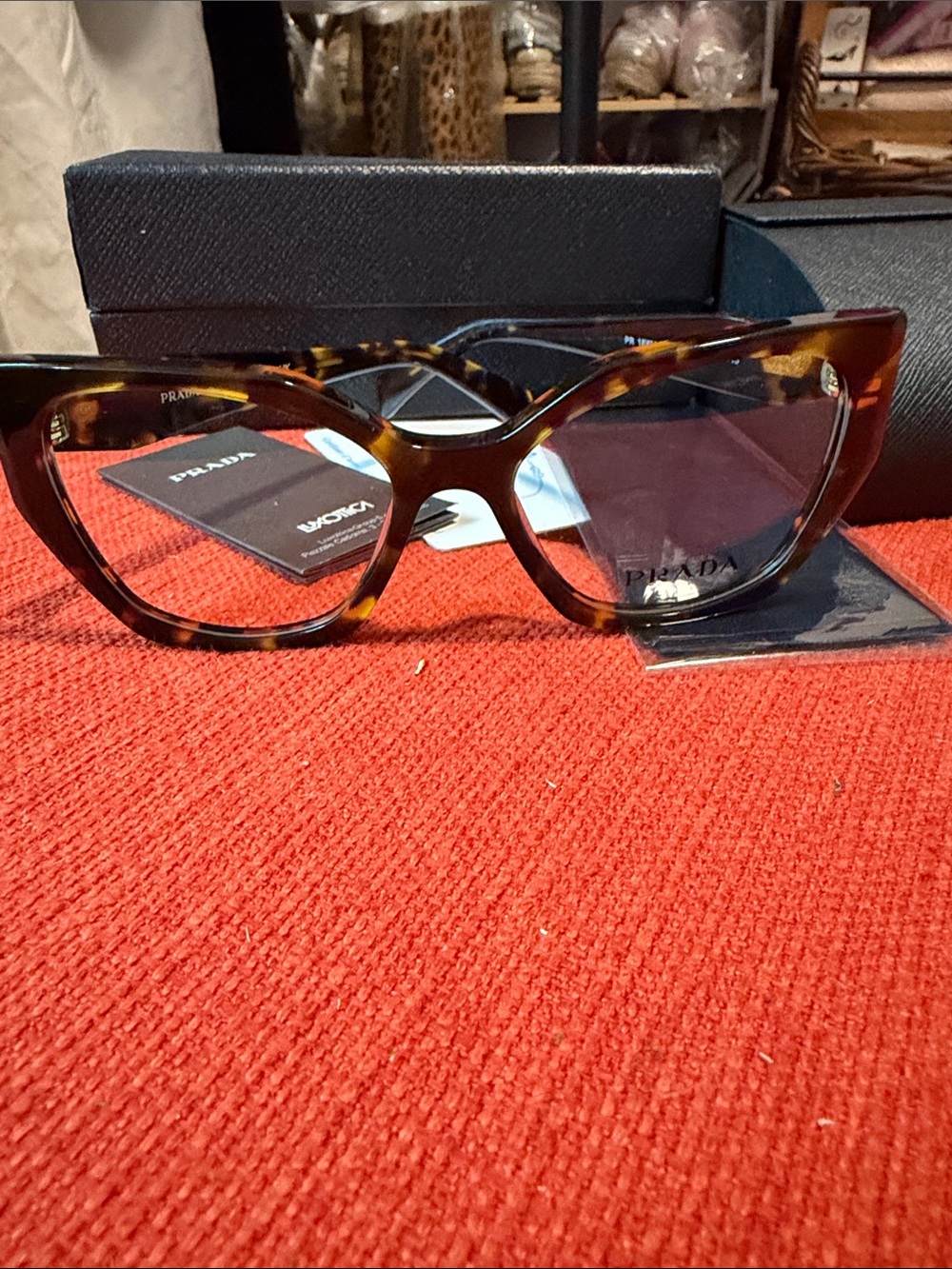 Prada Women Tortoiseshell Cat-Eye Optical Glasses - Brown/Black Blend - Picture 5 of 9